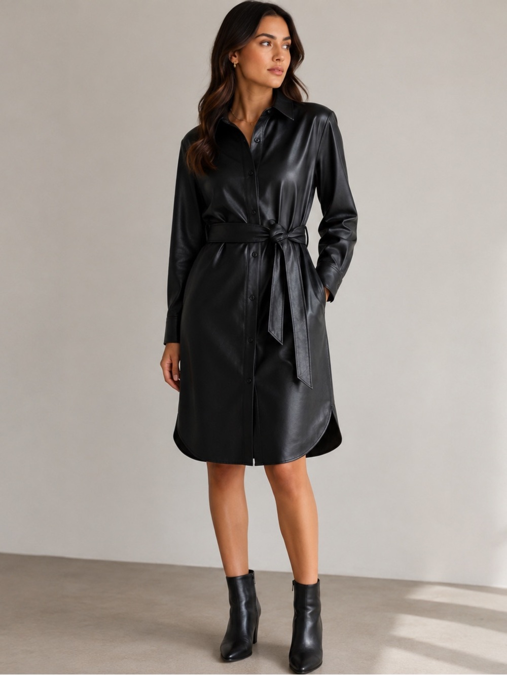 Babaton Black Faux Leather Shirt Dress with Tie Belt-  Vice Dress by Aritzia